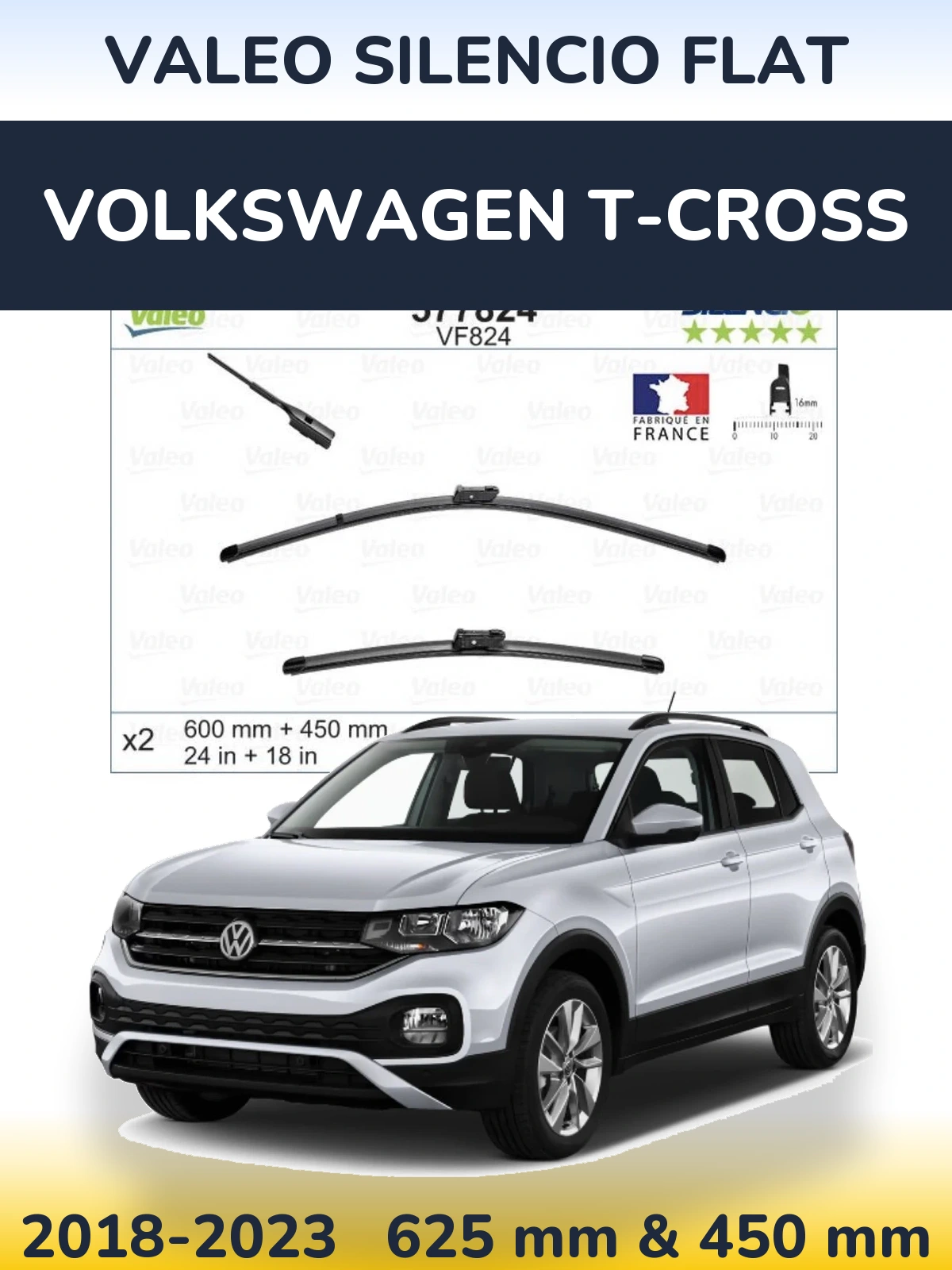Komplet przednich wycieraczek Valeo Silencio Flat 600 & 450 mm do Volkswagen T-Cross 2018-2023