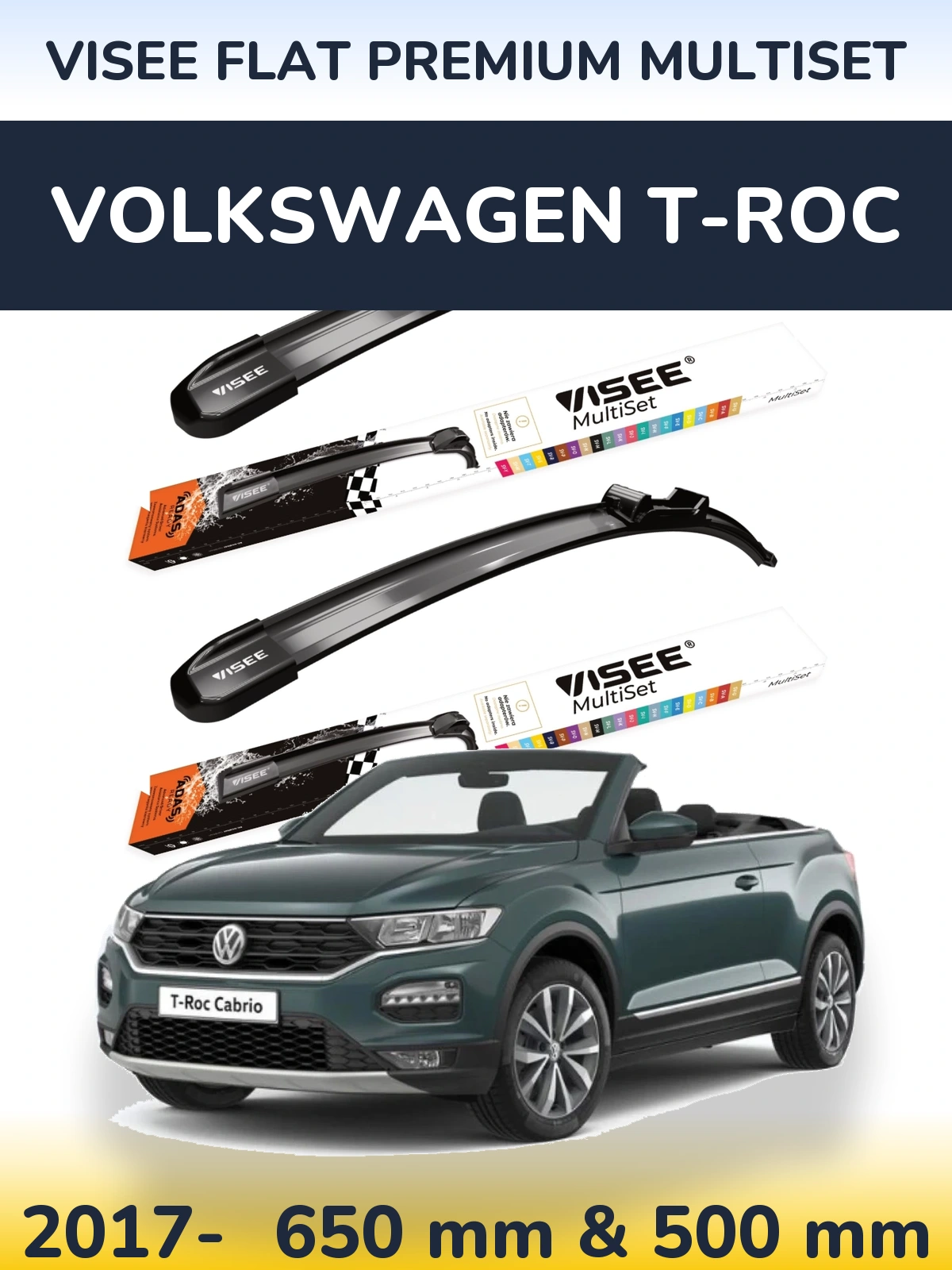 Komplet przednich wycieraczek VISEE FLAT PREMIUM MultiSet 650 & 500 mm do Volkswagen T-Roc 2017-2026