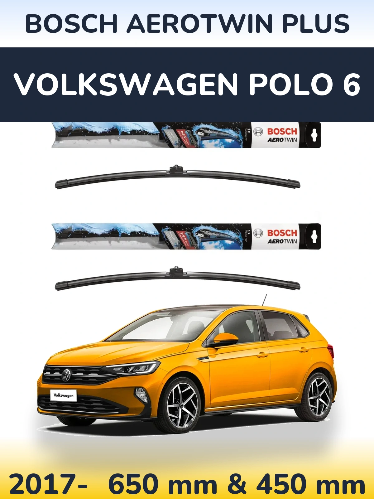 Комплект передних дворников BOSCH AeroTwin Plus 650 & 450 мм для Volkswagen Polo 6 2017-2026