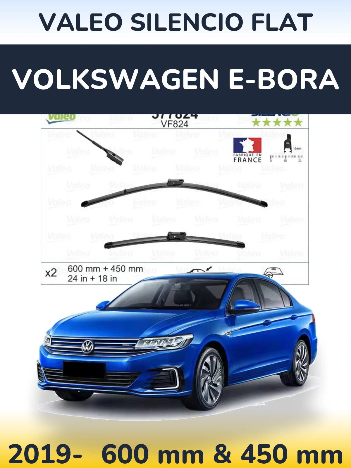 Комплект передних дворников Valeo Silencio Flat 600 & 450 мм для Volkswagen e-Bora 2019-2026