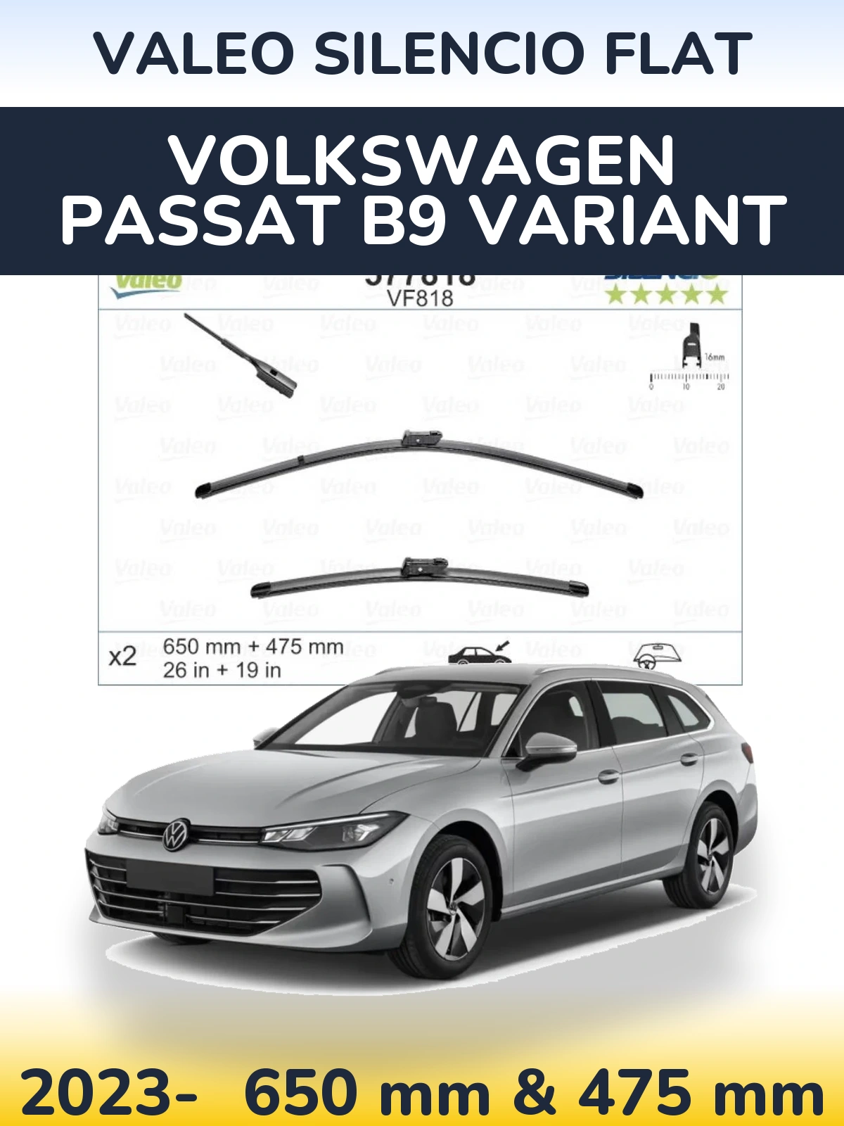 Komplet przednich wycieraczek Valeo Silencio Flat 650 & 475 mm do Volkswagen Passat B9 Variant 2023-2026