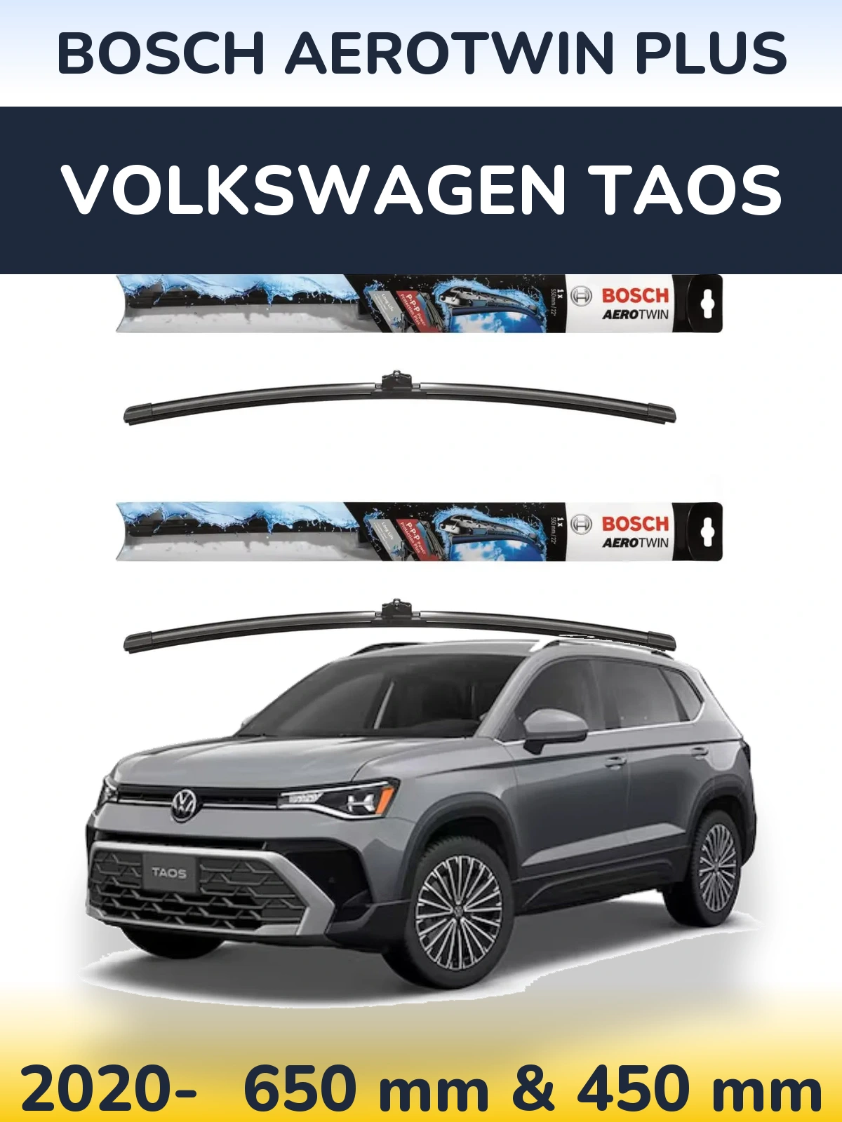 Комплект передних дворников BOSCH AeroTwin Plus 650 & 450 мм для Volkswagen Taos 2020-2026