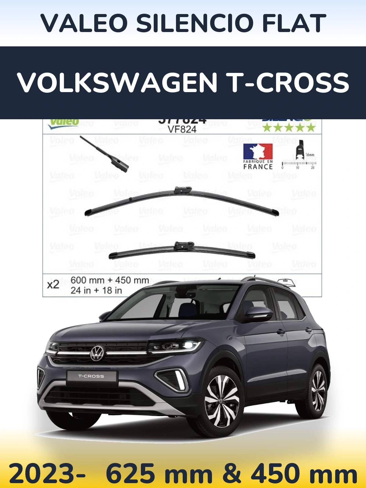 Комплект передних дворников Valeo Silencio Flat 600 & 450 мм для Volkswagen T-Cross 2023-2026