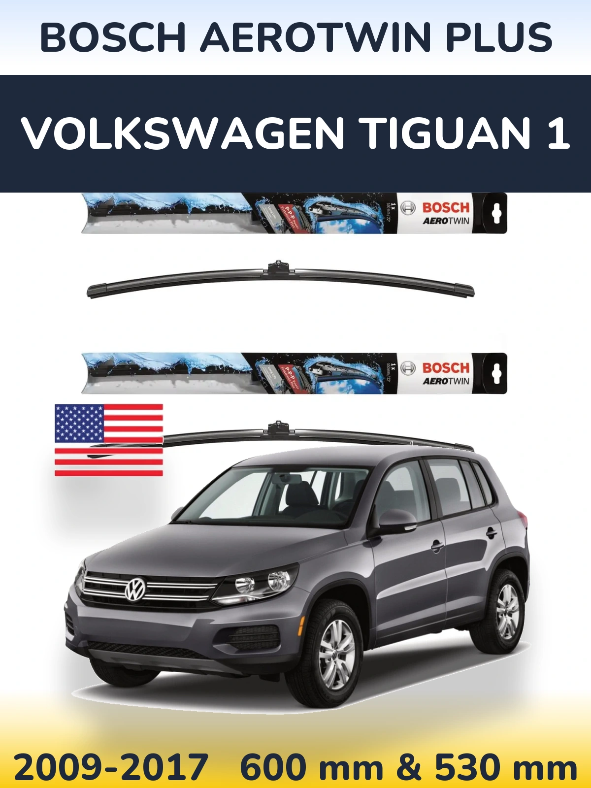 Комплект передніх щіток BOSCH AeroTwin Plus 600 & 530 мм для Volkswagen Tiguan 1 2009-2017