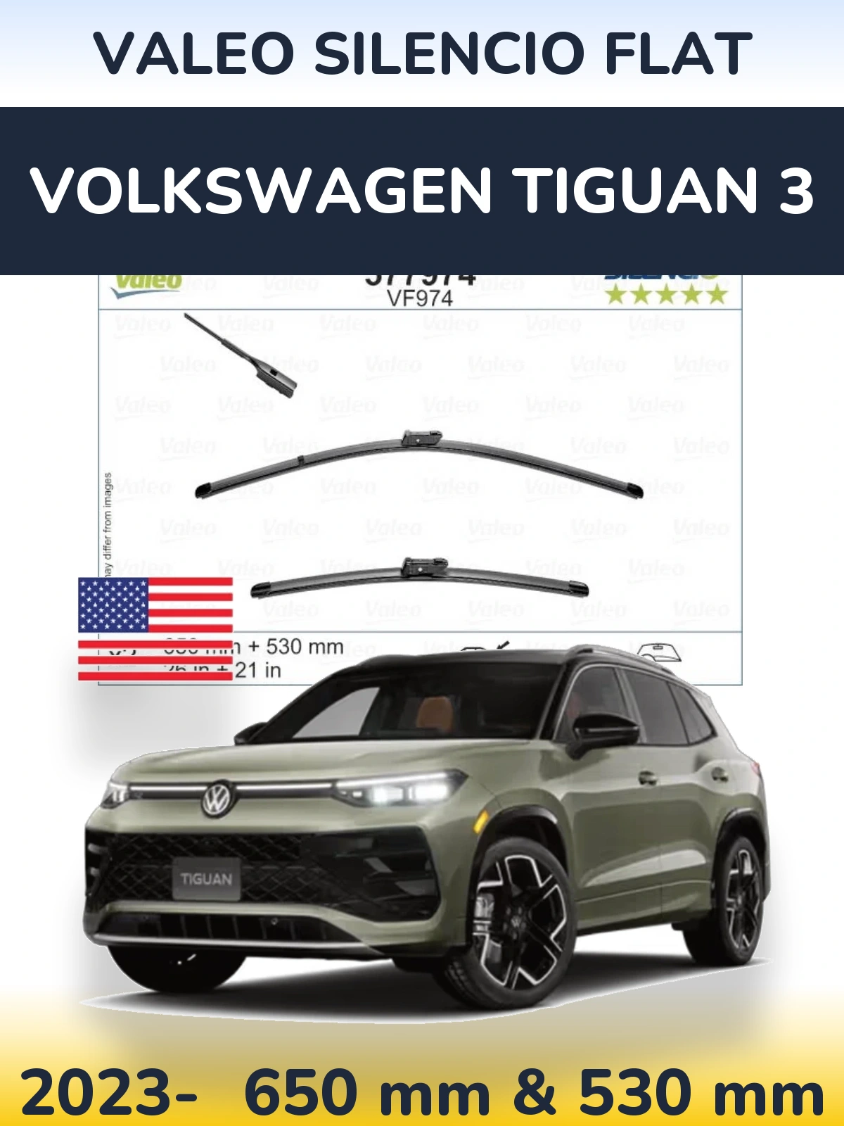 Комплект передніх щіток Valeo Silencio Flat 650 & 530 мм для Volkswagen Tiguan 3 2023-2026