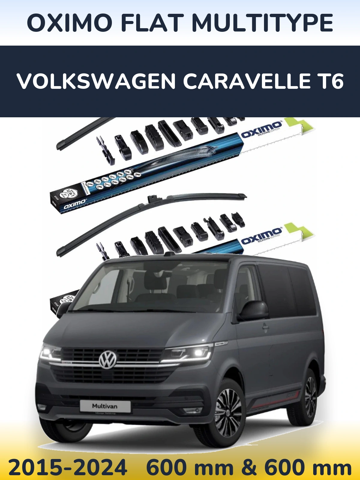 Комплект передних дворников Oximo Flat MultiТипe 600 & 600 мм для Volkswagen Caravelle T6 2015-2024