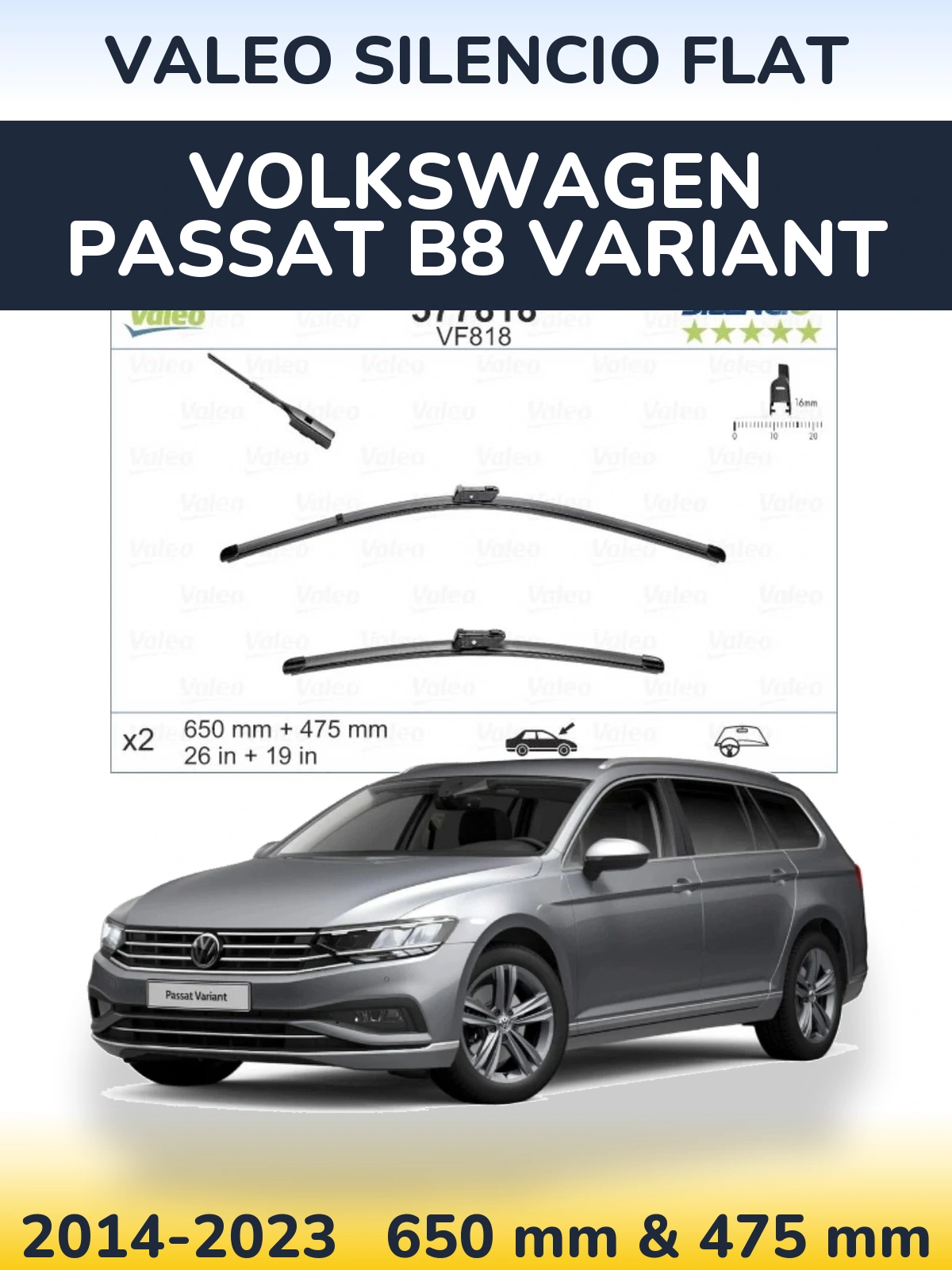 Комплект передних дворников Valeo Silencio Flat 650 & 475 мм для Volkswagen Passat B8 Variant 2014-2023
