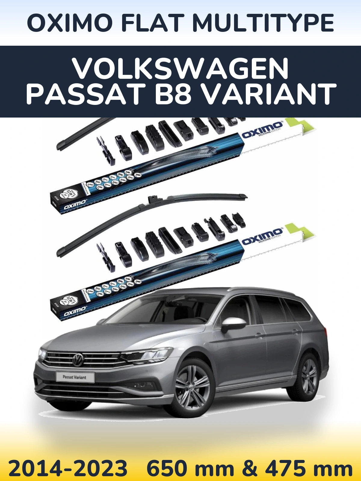 Front wiper blade set Oximo Flat MultiTypee 650 & 475 mm for Volkswagen Passat B8 Variant 2014-2023