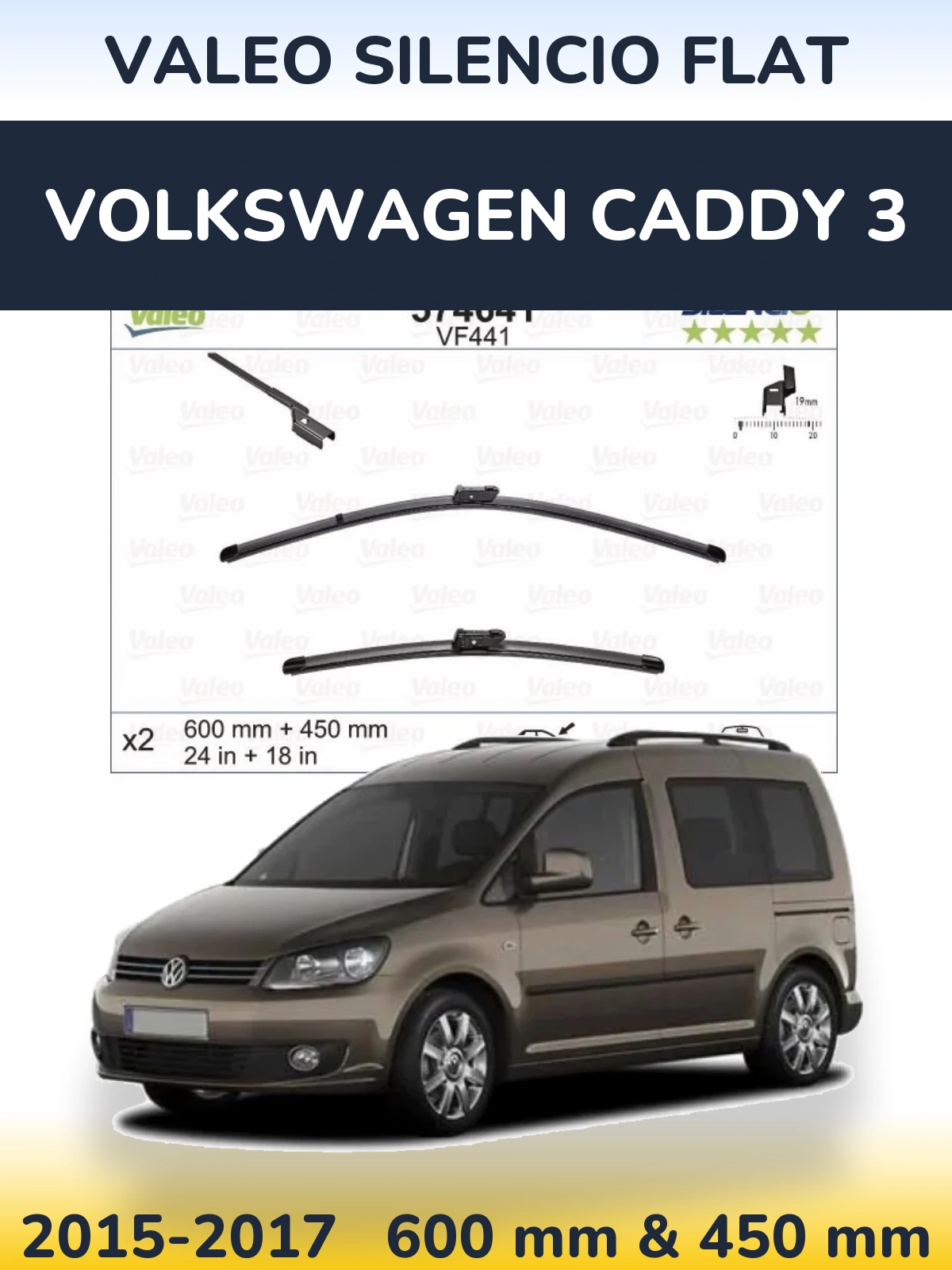 Front wiper blade set Valeo Silencio Flat 600 & 450 mm for Volkswagen Caddy 3 2015-2017
