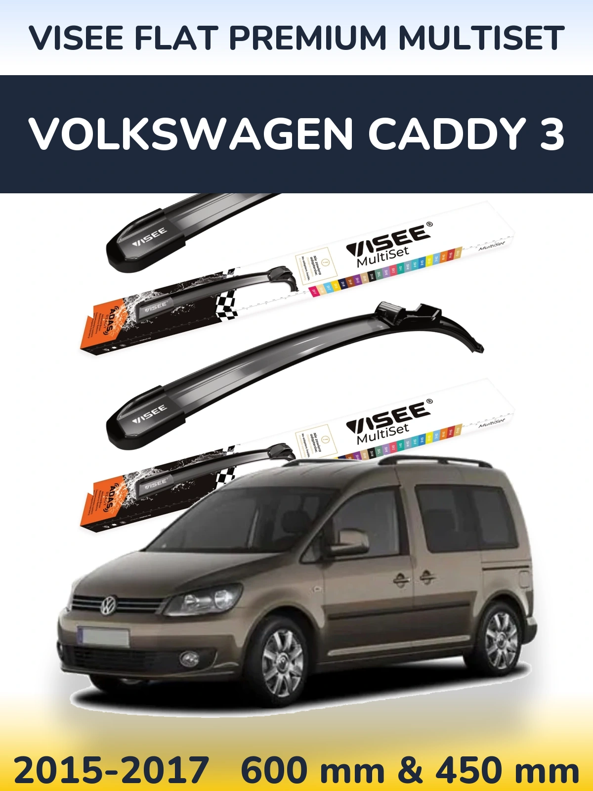 Комплект передних дворников VISEE FLAT PREMIUM MultiSet 600 & 450 мм для Volkswagen Caddy 3 2015-2017