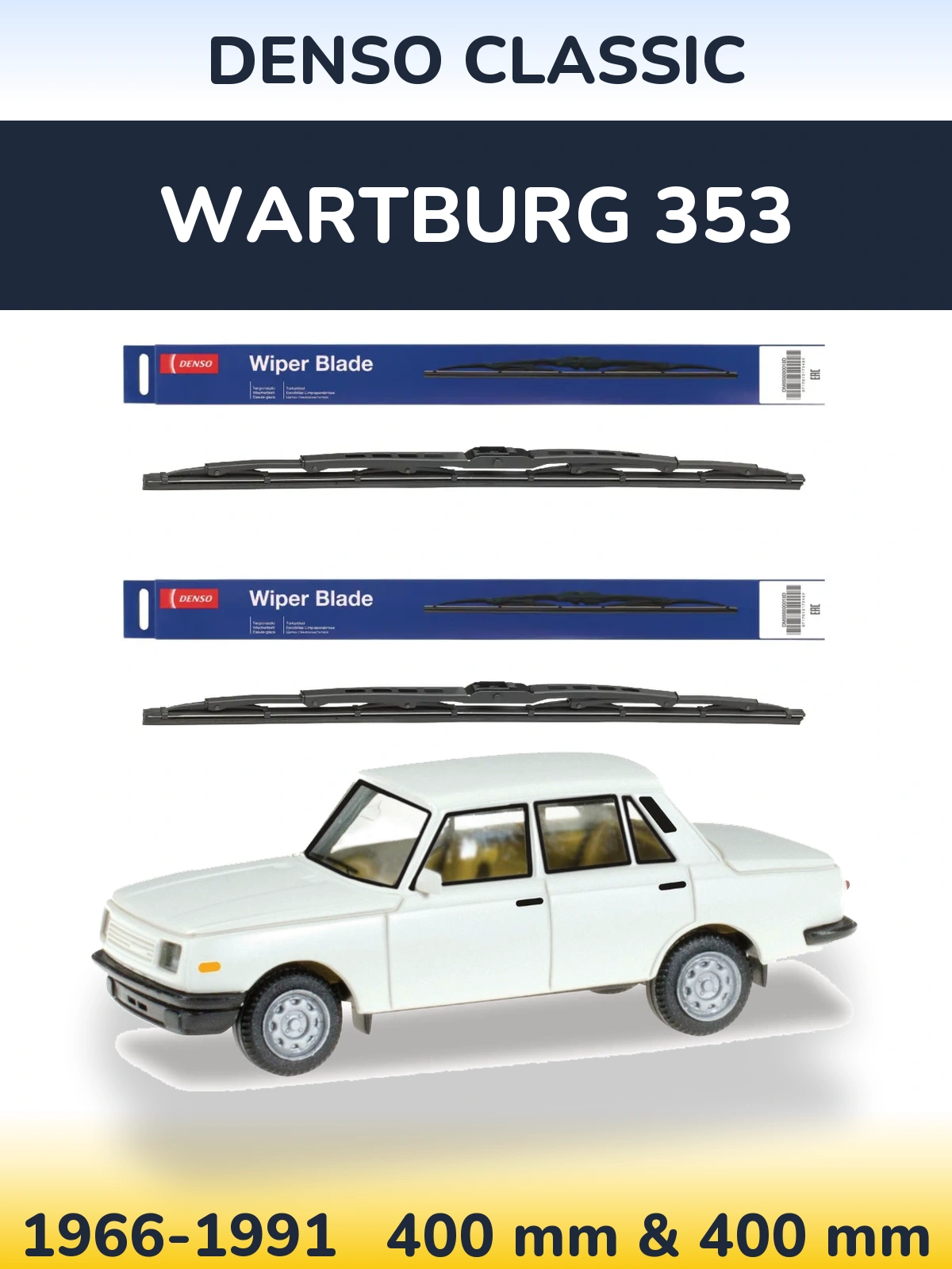 Front wiper blade set Denso Classic 400 & 400 mm for Wartburg 353 1966-1991