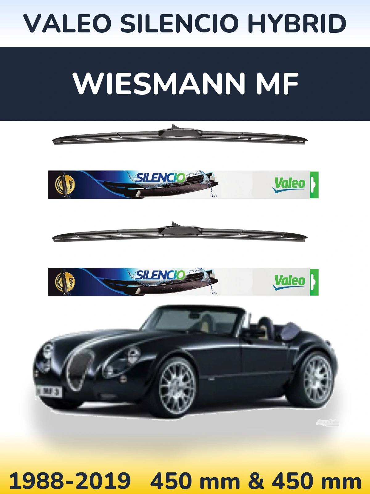 Front wiper blade set Valeo Silencio Hybrid 450 & 450 mm for Wiesmann MF 1988-2019