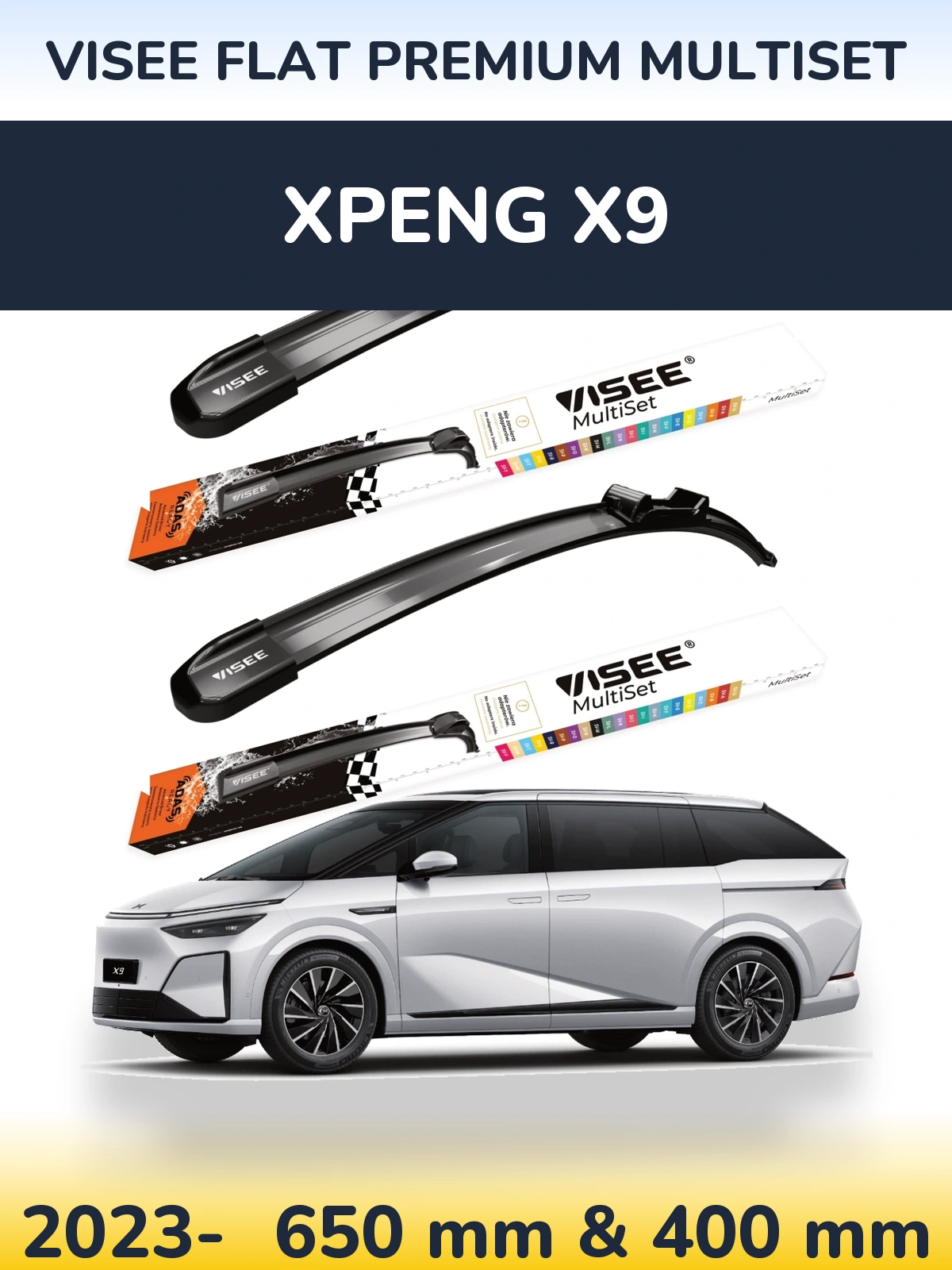 Komplet przednich wycieraczek VISEE FLAT PREMIUM MultiSet 650 & 400 mm do XPENG X9 2023-2026