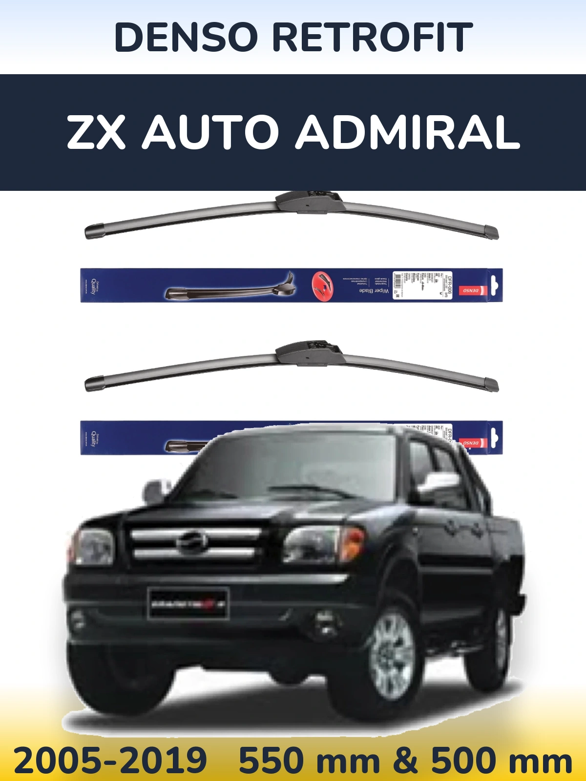 Komplet przednich wycieraczek Denso Retrofit 550 & 500 mm do ZX Auto Admiral 2005-2019