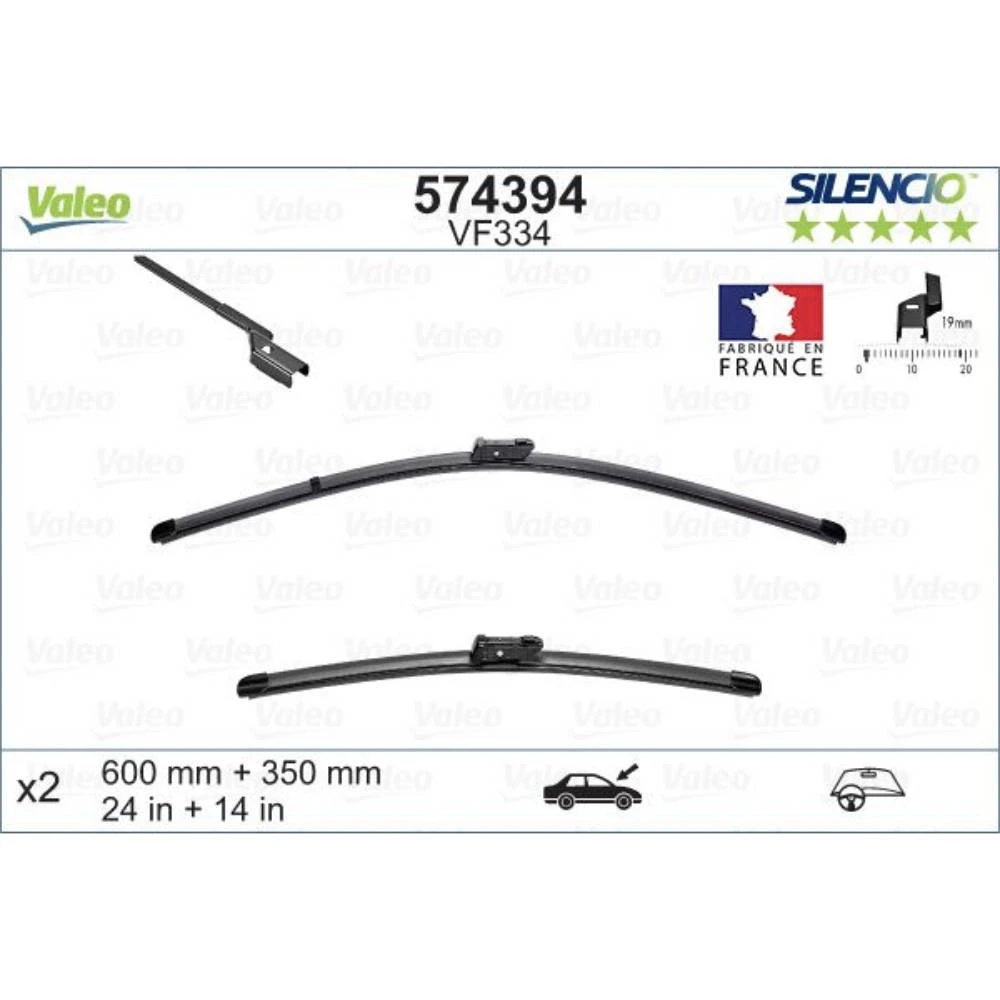 Komplet przednich wycieraczek Valeo Silencio Flat 600 & 350 mm do Abarth 500 2009-2026
