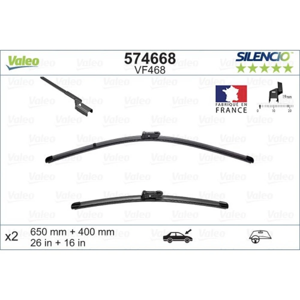 Komplet przednich wycieraczek Valeo Silencio Flat 650 & 400 mm do Peugeot Partner 2 2008-2018