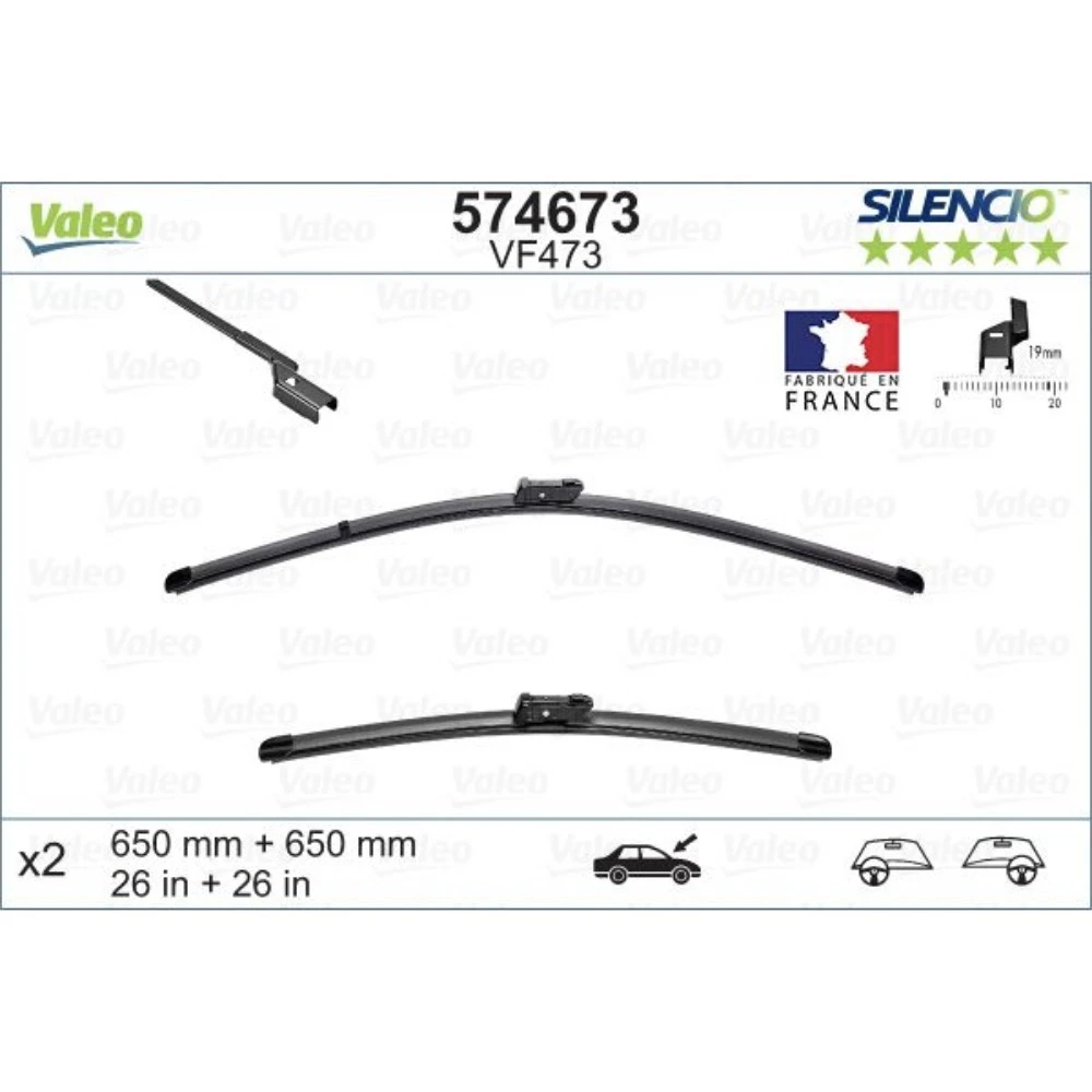 Front wiper blade set Valeo Silencio Flat 650 & 650 mm for Buick Cascada 2012-2019