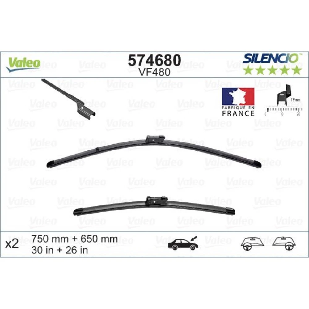 Komplet przednich wycieraczek Valeo Silencio Flat 750 & 650 mm do DS DS4 2011-2018