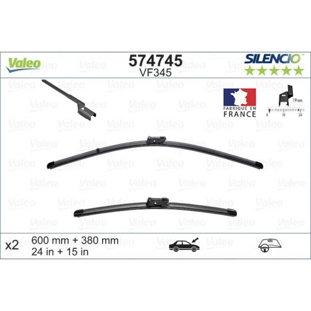 Front wiper blade set Valeo Silencio Flat 600 & 380 mm for Chrysler Ypsilon 2011-2026