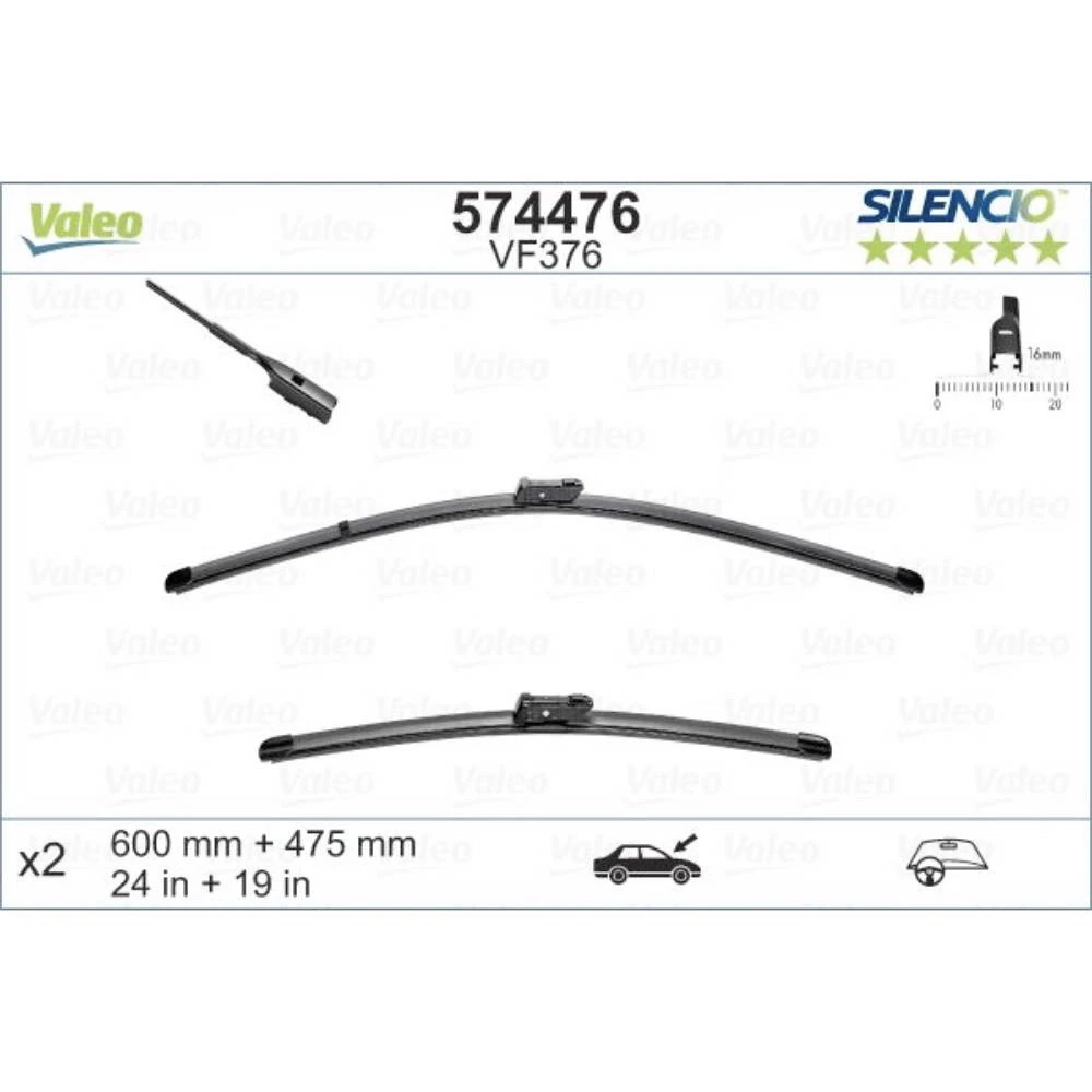 Комплект передніх щіток Valeo Silencio Flat 600 & 475 мм для Polestar 1 2018-2020